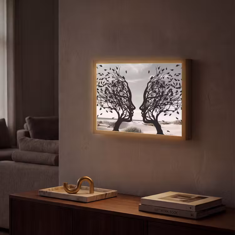 Bomen - Gezicht - Bladeren - Moderne kunst Light Box met batterij (Wandlamp) middel -sfeer1