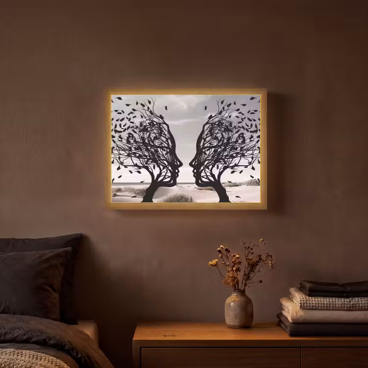 Bomen - Gezicht - Bladeren - Moderne kunst Light Box met batterij (Wandlamp) middel -sfeer4