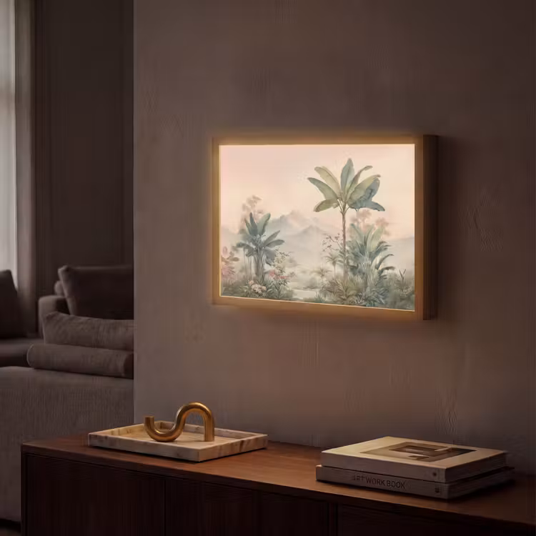 Tropisch landschap - palmbomen - Bloemen - Roze lucht Light Box met batterij (Wandlamp) middel -sfeer1