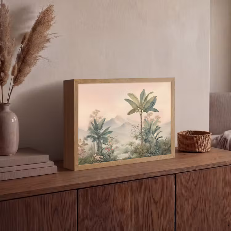 Tropisch landschap - palmbomen - Bloemen - Roze lucht Light Box met batterij (Wandlamp) middel -sfeer2