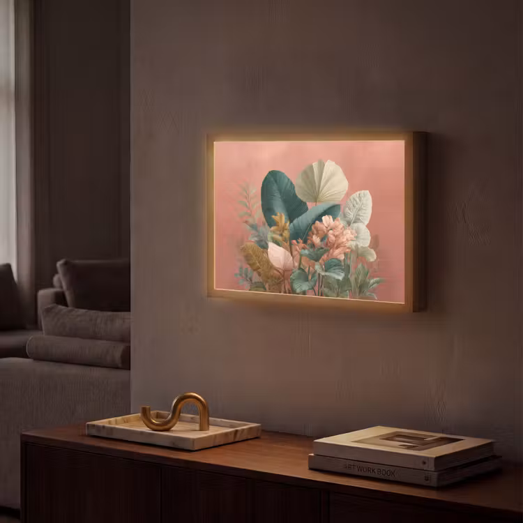 Tropische bladeren - Bloemen - Roze - groen Light Box met batterij (Wandlamp) middel -sfeer1