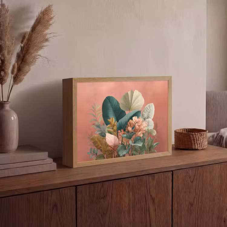 Tropische bladeren - Bloemen - Roze - groen Light Box met batterij (Wandlamp) middel -sfeer2
