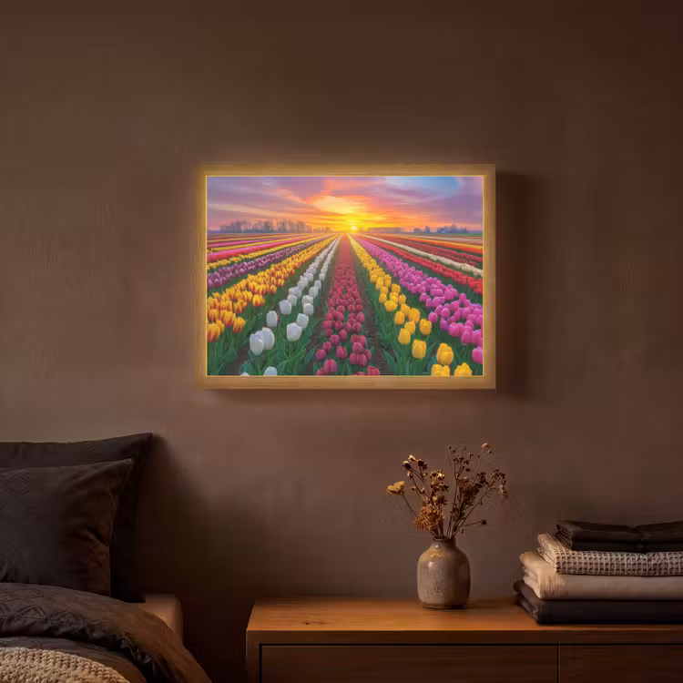 Tulpenveld - Zonsondergang - Kleurrijk Light Box met batterij (Wandlamp) middel -sfeer4