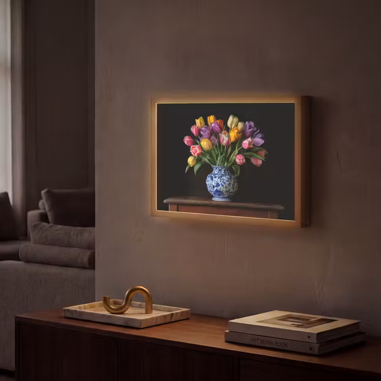 Tulpen - Kleuren - Hout - Vaas Light Box met batterij (Wandlamp) middel -sfeer1