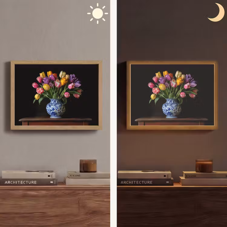 Tulpen - Kleuren - Hout - Vaas Light Box met batterij (Wandlamp) middel -sfeer3