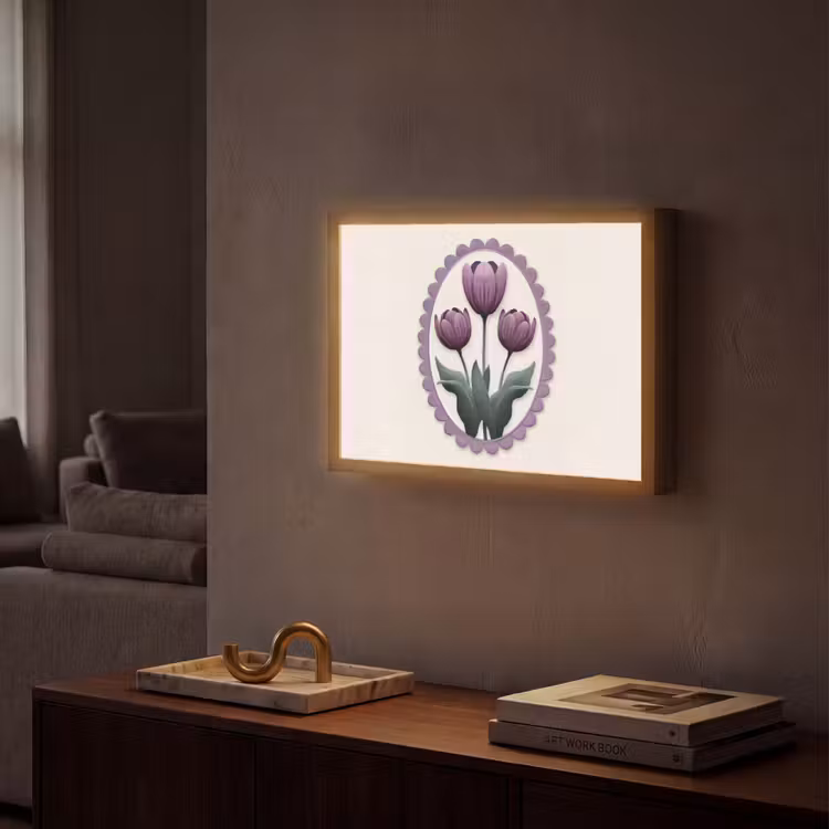 Tulpen - Paars - Lijst - Bladeren Light Box met batterij (Wandlamp) middel -sfeer1