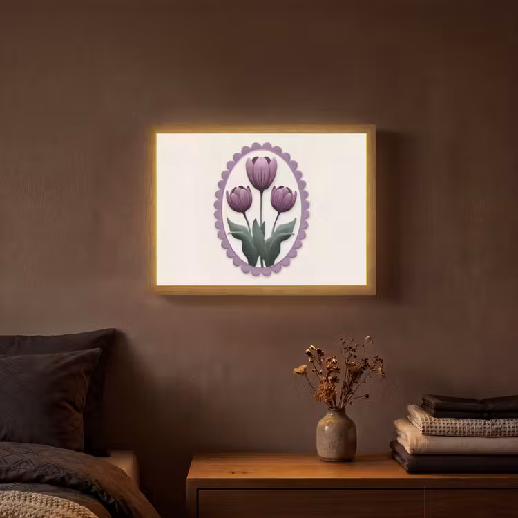 Tulpen - Paars - Lijst - Bladeren Light Box met batterij (Wandlamp) middel -sfeer4