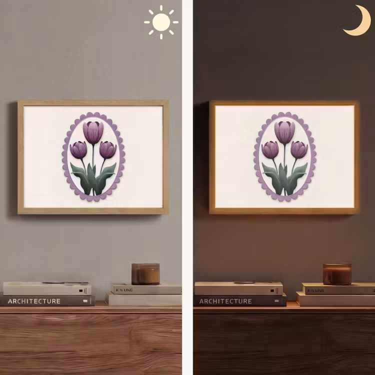 Tulpen - Paars - Lijst - Bladeren Light Box met batterij (Wandlamp) middel -sfeer3