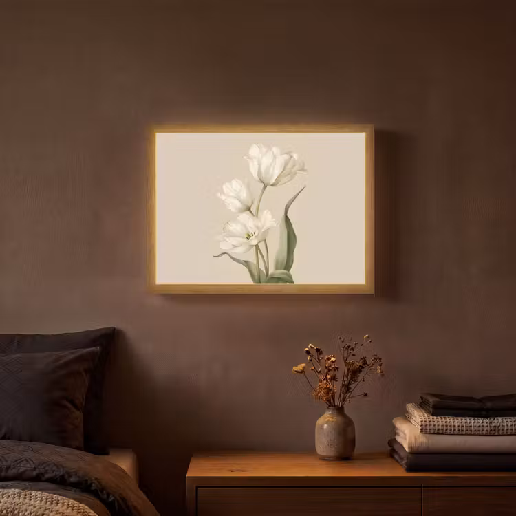 Tulpen - Wit - Bladeren Light Box met batterij (Wandlamp) middel -sfeer4