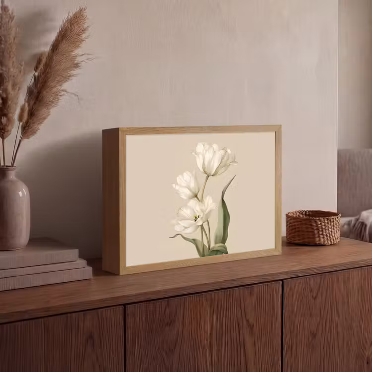 Tulpen - Wit - Bladeren Light Box met batterij (Wandlamp) middel -sfeer2