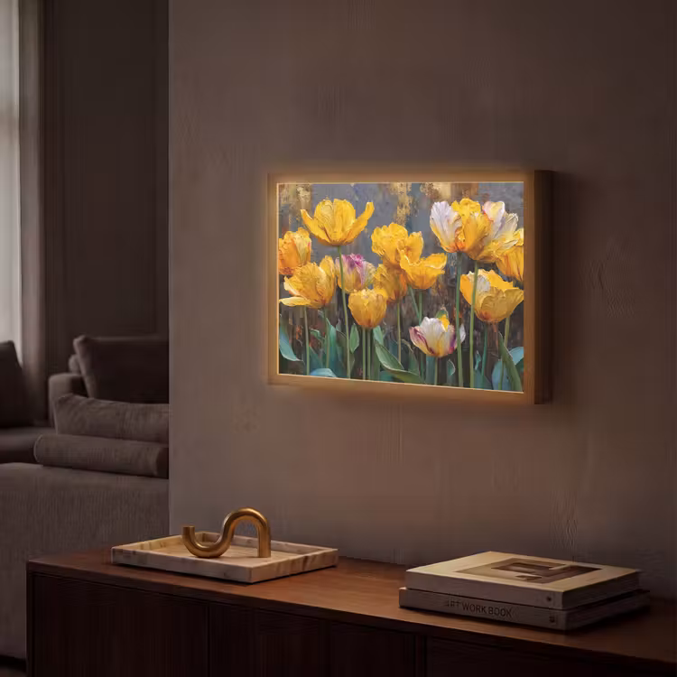 Tulpen - Geel - Penseelstreken - Abstract Light Box met batterij (Wandlamp) middel -sfeer1