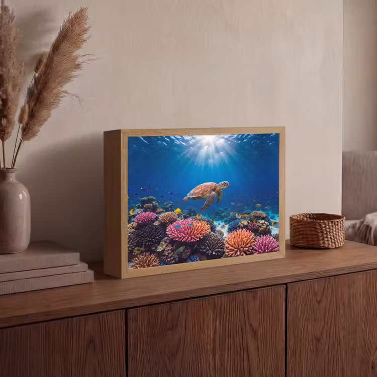 Schildpad - Koraalrif - Oceaan - Dieren - Blauw Light Box met batterij (Wandlamp) middel -sfeer2