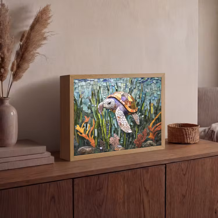 Schildpad - Zeewier - Mozaïek Light Box met batterij (Wandlamp) middel -sfeer2