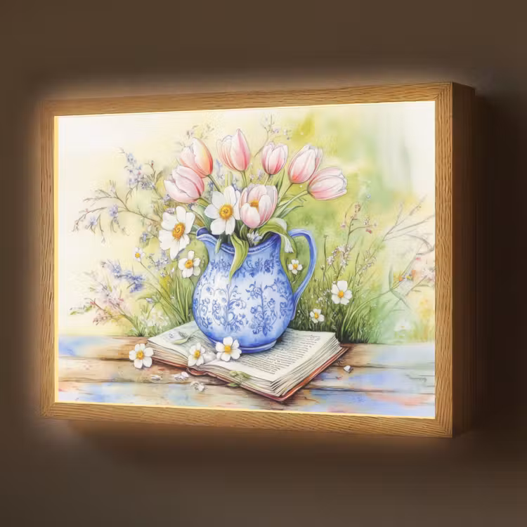 Vaas - Delftsblauw - Madeliefjes Light Box met batterij (Wandlamp) middel -z3d_website