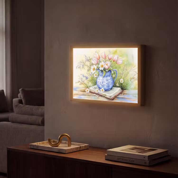Vaas - Delftsblauw - Madeliefjes Light Box met batterij (Wandlamp) middel -sfeer1