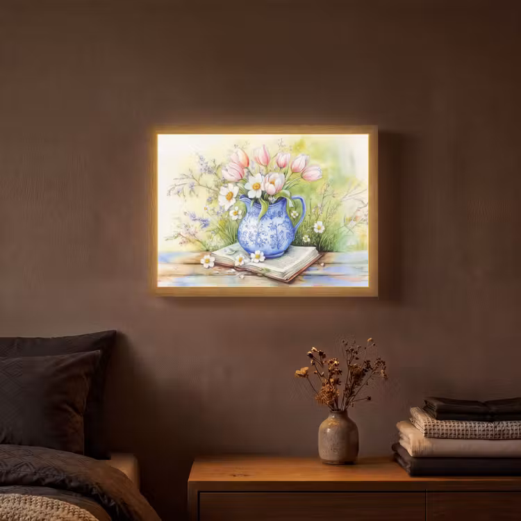 Vaas - Delftsblauw - Madeliefjes Light Box met batterij (Wandlamp) middel -sfeer4