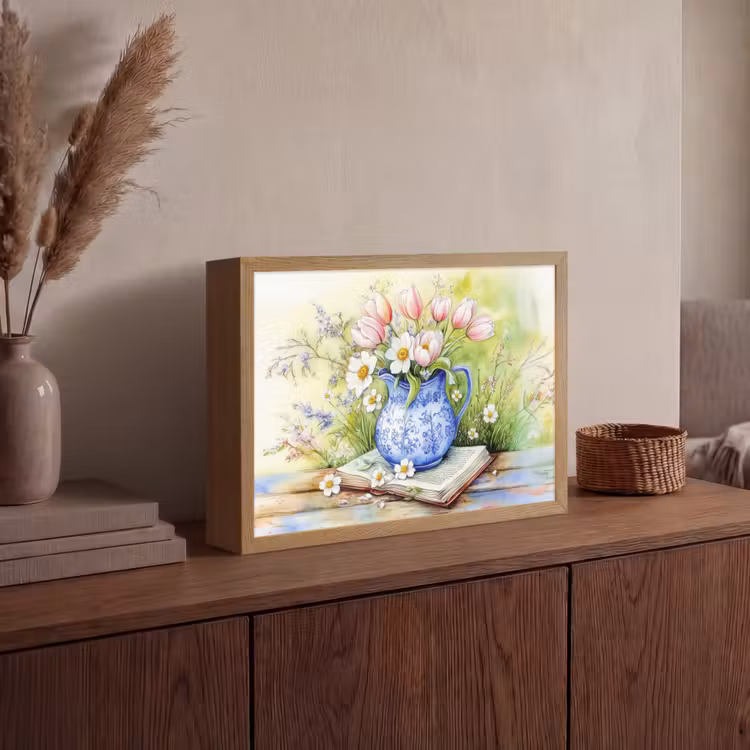 Vaas - Delftsblauw - Madeliefjes Light Box met batterij (Wandlamp) middel -sfeer2