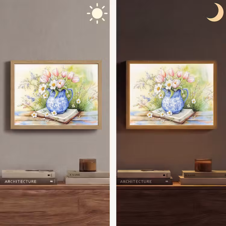 Vaas - Delftsblauw - Madeliefjes Light Box met batterij (Wandlamp) middel -sfeer3