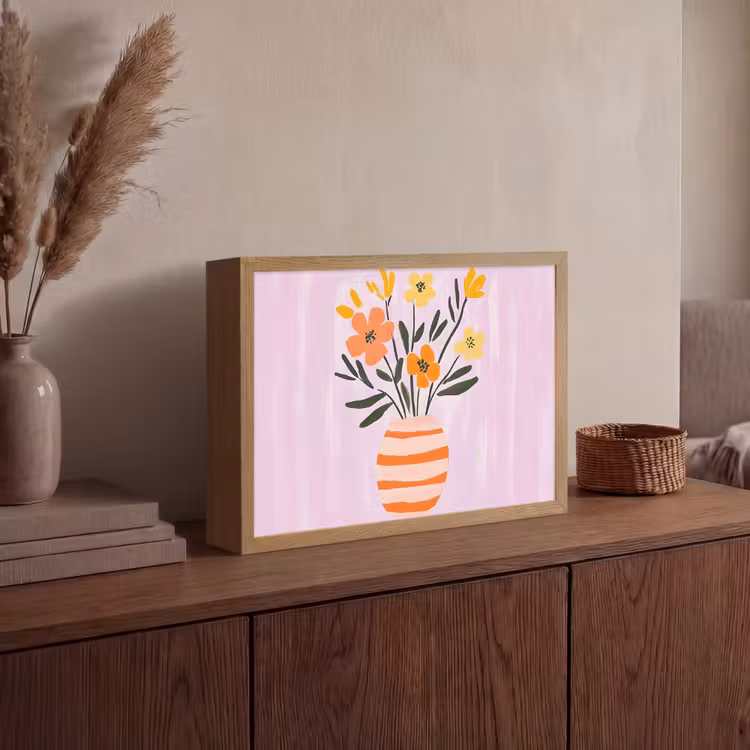 Vaas - Gestreept - Bloemen - Oranje Light Box met batterij (Wandlamp) middel -sfeer2