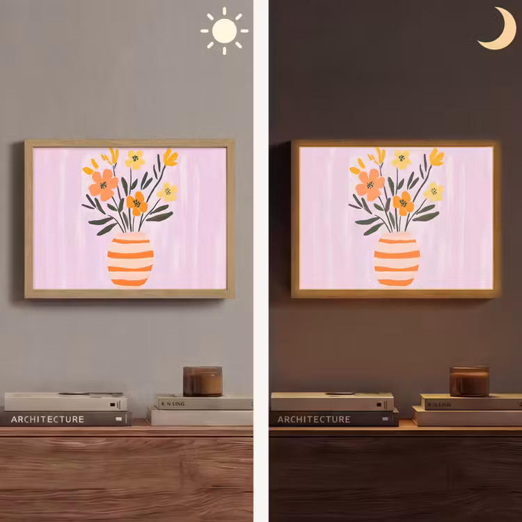 Vaas - Gestreept - Bloemen - Oranje Light Box met batterij (Wandlamp) middel -sfeer3