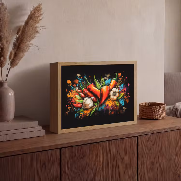 Groente - Peper - Knoflook - Graffiti - Verf - Kleurrijk Light Box met batterij (Wandlamp) middel -sfeer2