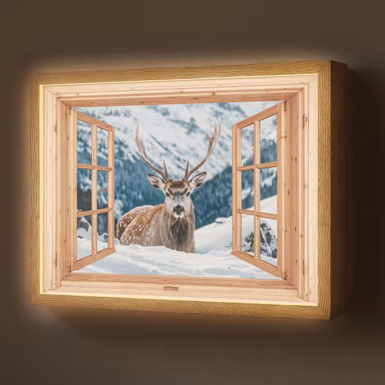 Doorkijk - Hert - Landschap - Winter - Natuur - Dieren - Bergen Light Box met batterij (Wandlamp) middel -z3d_website