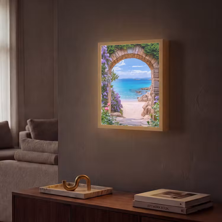 Doorkijk - Poort - Zee - Strand - Rotsen Light Box met batterij (Wandlamp) middel -sfeer1