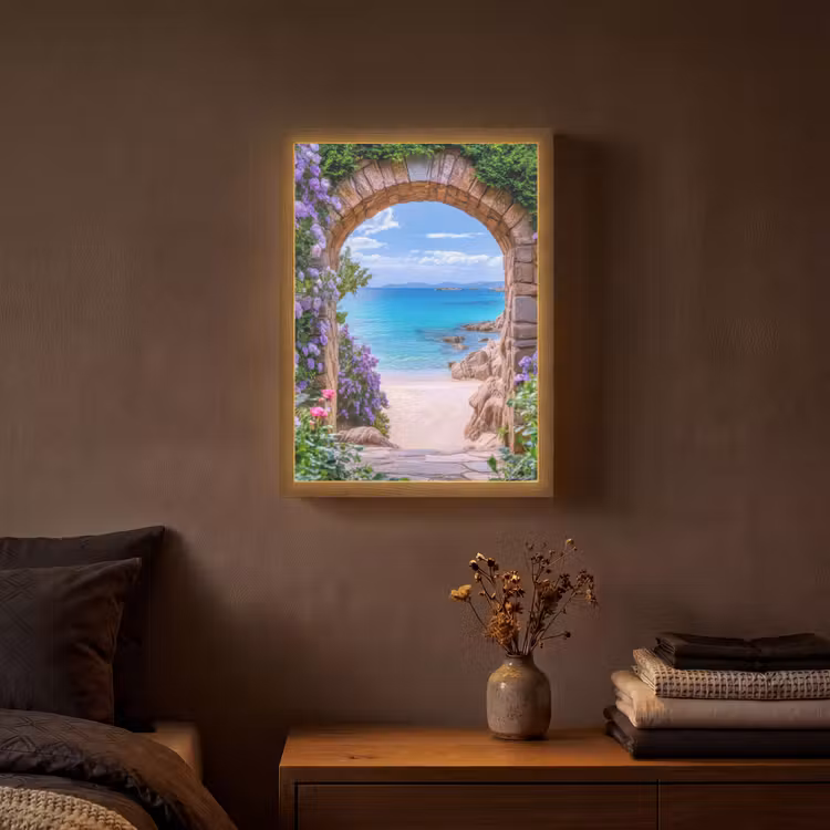 Doorkijk - Poort - Zee - Strand - Rotsen Light Box met batterij (Wandlamp) middel -sfeer4
