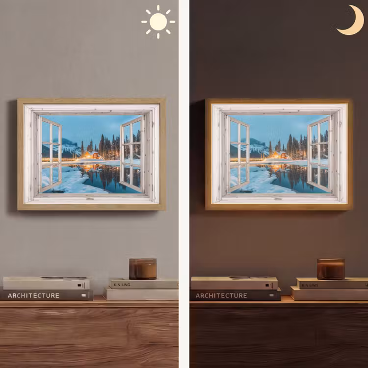 Doorkijk - Winterlandschap - Natuur - Huis - Bergen Light Box met batterij (Wandlamp) middel -sfeer3