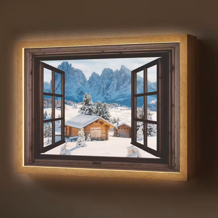 Doorkijk - Winter - Landschap - Huisje - Bergen Light Box met batterij (Wandlamp) middel -z3d_website