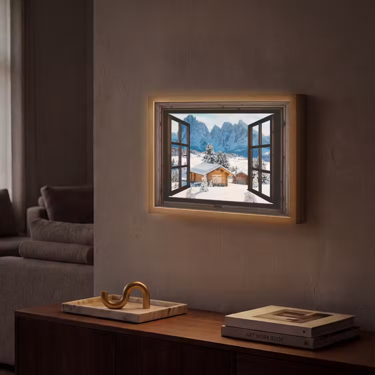Doorkijk - Winter - Landschap - Huisje - Bergen Light Box met batterij (Wandlamp) middel -sfeer1