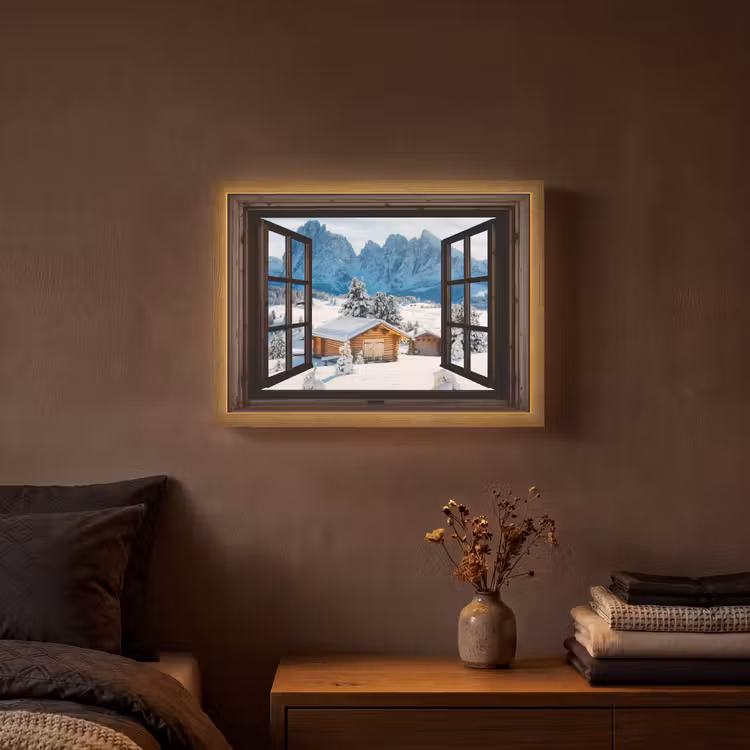 Doorkijk - Winter - Landschap - Huisje - Bergen Light Box met batterij (Wandlamp) middel -sfeer4