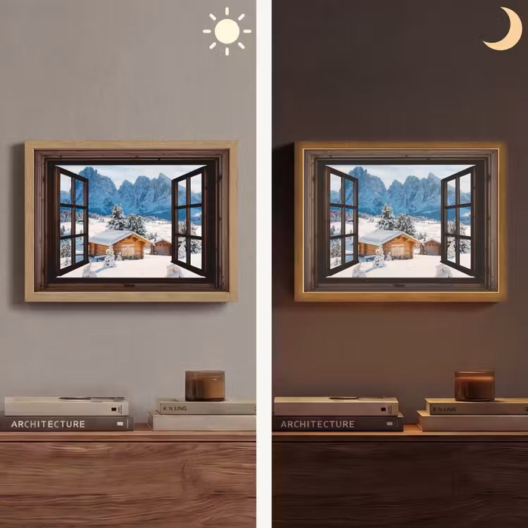 Doorkijk - Winter - Landschap - Huisje - Bergen Light Box met batterij (Wandlamp) middel -sfeer3