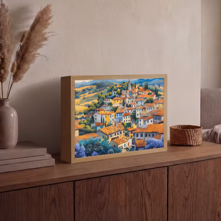 Dorp - Heuvels - Landschap - Bomen Light Box met batterij (Wandlamp) middel -sfeer2