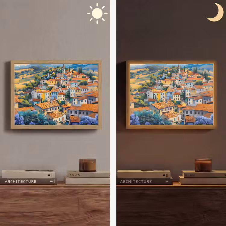 Dorp - Heuvels - Landschap - Bomen Light Box met batterij (Wandlamp) middel -sfeer3