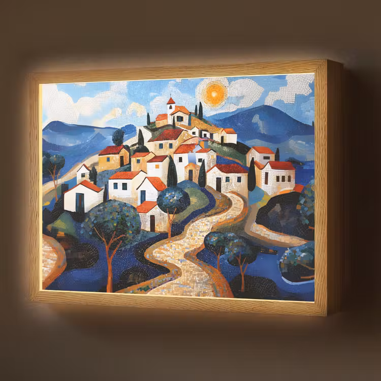 Dorp - Heuvelachtig - Zon - Mozaïek Light Box met batterij (Wandlamp) middel -z3d_website