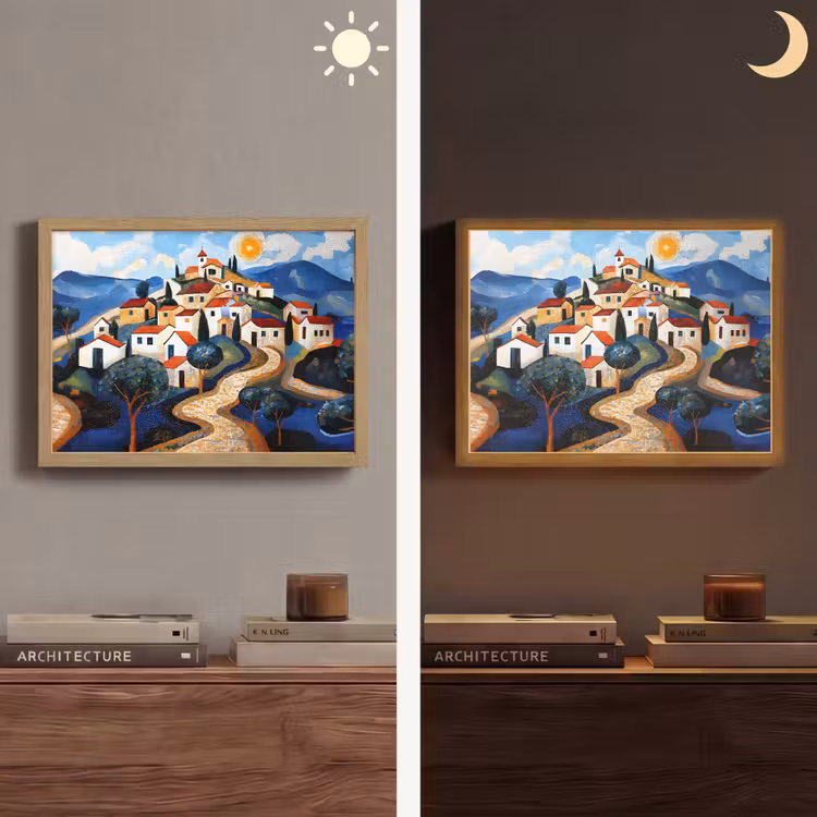 Dorp - Heuvelachtig - Zon - Mozaïek Light Box met batterij (Wandlamp) middel -sfeer3