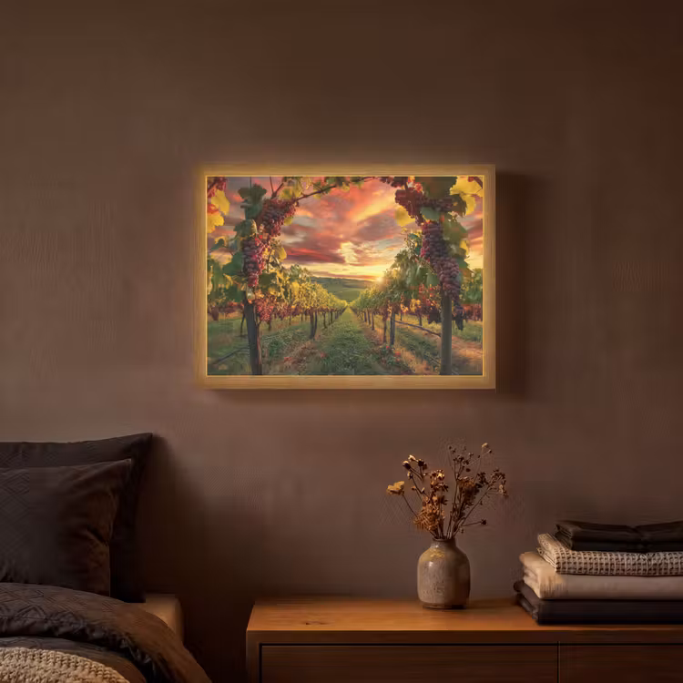 Wijngaard - Druiven - Zonsondergang Light Box met batterij (Wandlamp) middel -sfeer4