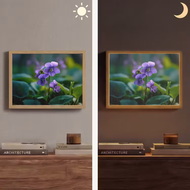 Viooltjes - Paars - Bloem - Bladeren Light Box met batterij (Wandlamp) middel -sfeer3