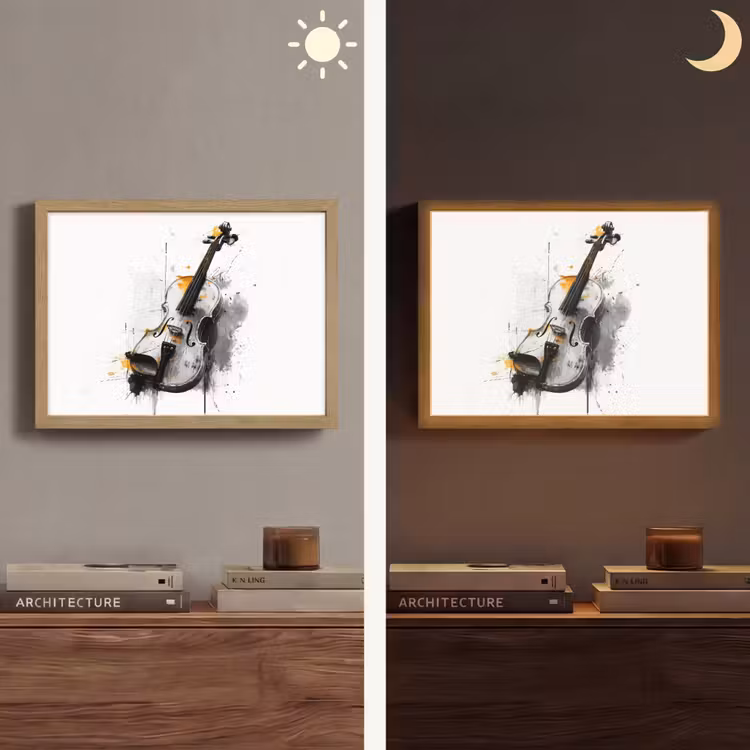 Viool - Oranje - Zwart - Penseelstreken Light Box met batterij (Wandlamp) middel -sfeer3
