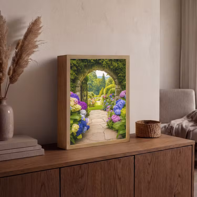 Doorkijk - Poort - Hortensia - Bloementuin Light Box met batterij (Wandlamp) middel -sfeer2