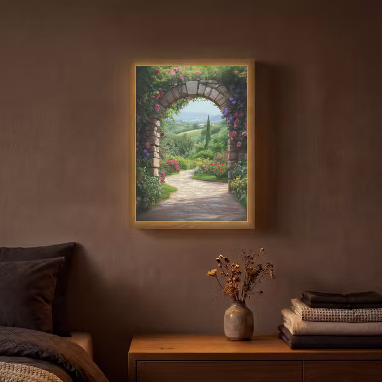 Doorkijk - Landschap - Bloemen - Pad - Uitzicht Light Box met batterij (Wandlamp) middel -sfeer4