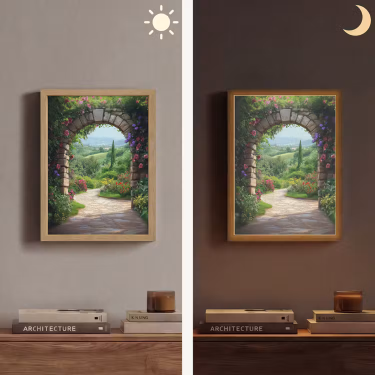 Doorkijk - Landschap - Bloemen - Pad - Uitzicht Light Box met batterij (Wandlamp) middel -sfeer3