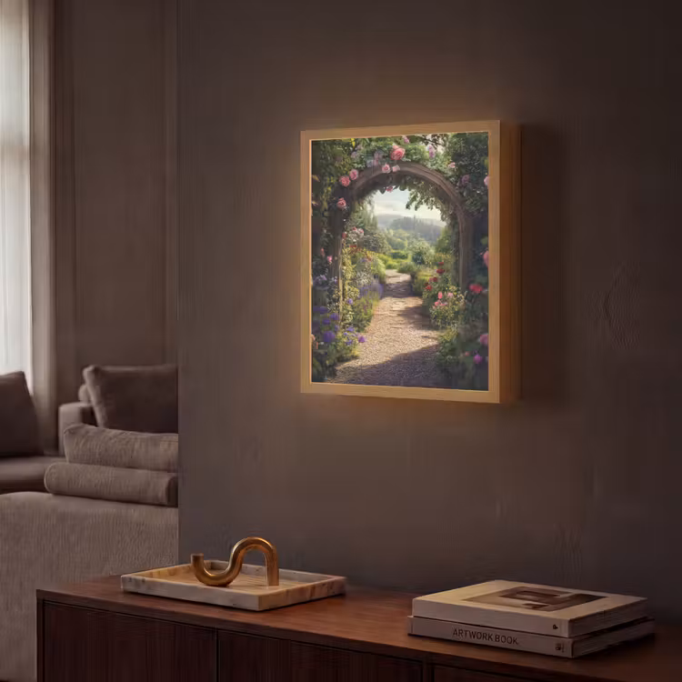 Doorkijk - Landschap - Bloemen - Rozenboog - Natuur Light Box met batterij (Wandlamp) middel -sfeer1