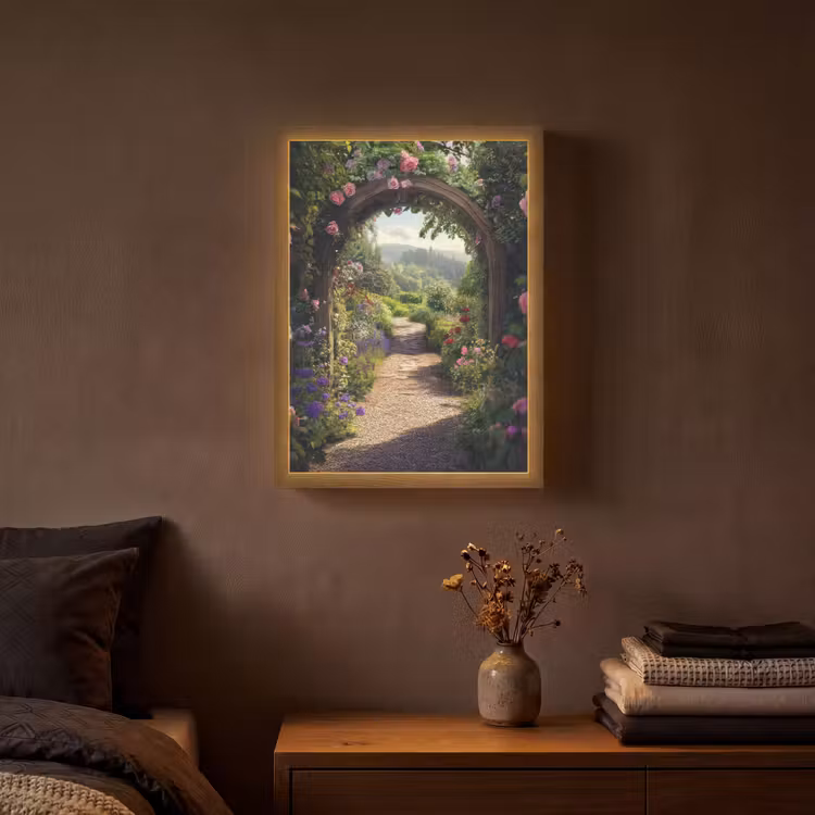 Doorkijk - Landschap - Bloemen - Rozenboog - Natuur Light Box met batterij (Wandlamp) middel -sfeer4