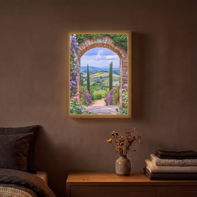 Doorkijk - Toscane - Landschap - Poort Light Box met batterij (Wandlamp) middel -sfeer4