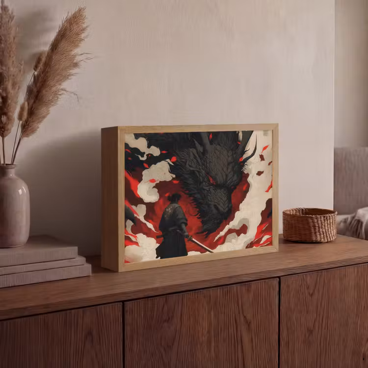 Krijger - Draak - Zwart - Rood - Rook Light Box met batterij (Wandlamp) middel -sfeer2