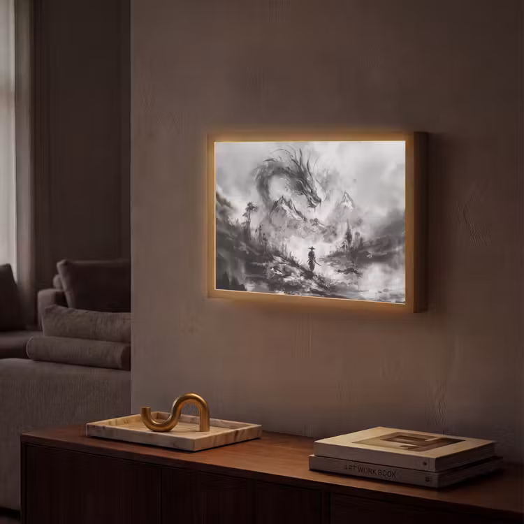 Krijger - Draak - Grijs Light Box met batterij (Wandlamp) middel -sfeer1
