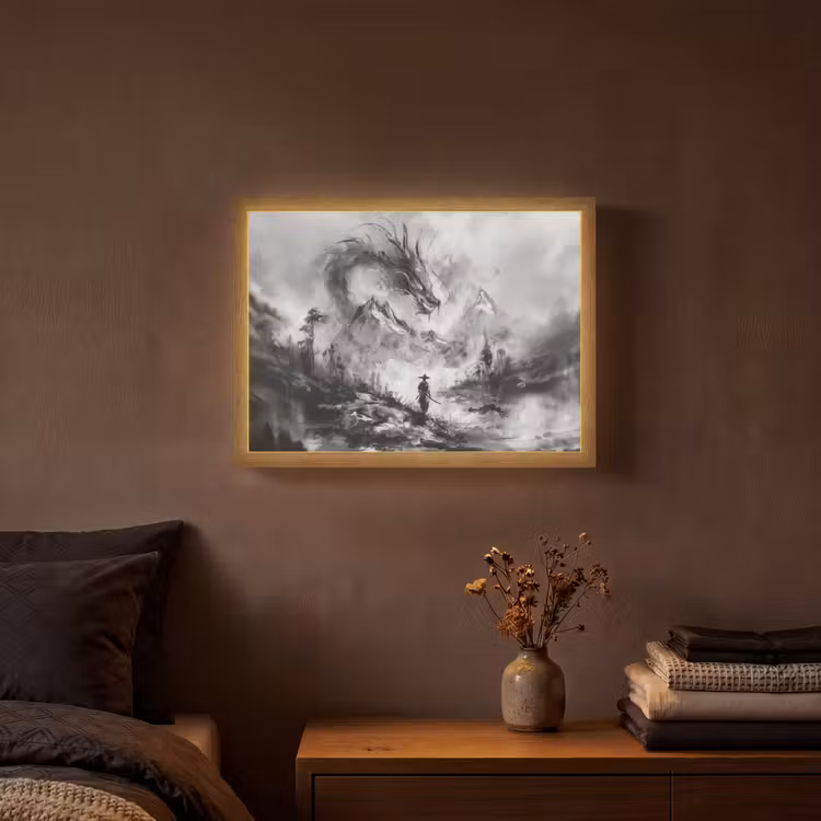 Krijger - Draak - Grijs Light Box met batterij (Wandlamp) middel -sfeer4