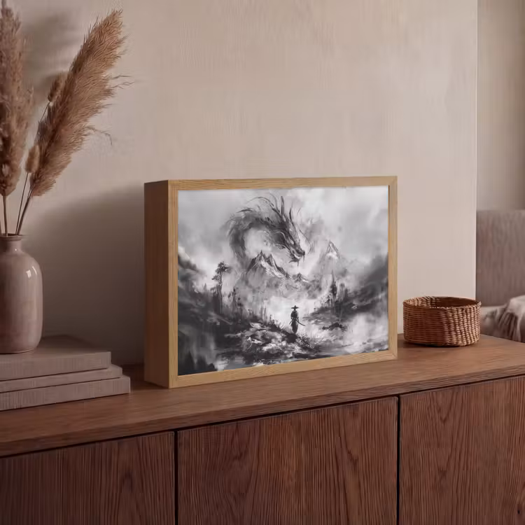 Krijger - Draak - Grijs Light Box met batterij (Wandlamp) middel -sfeer2